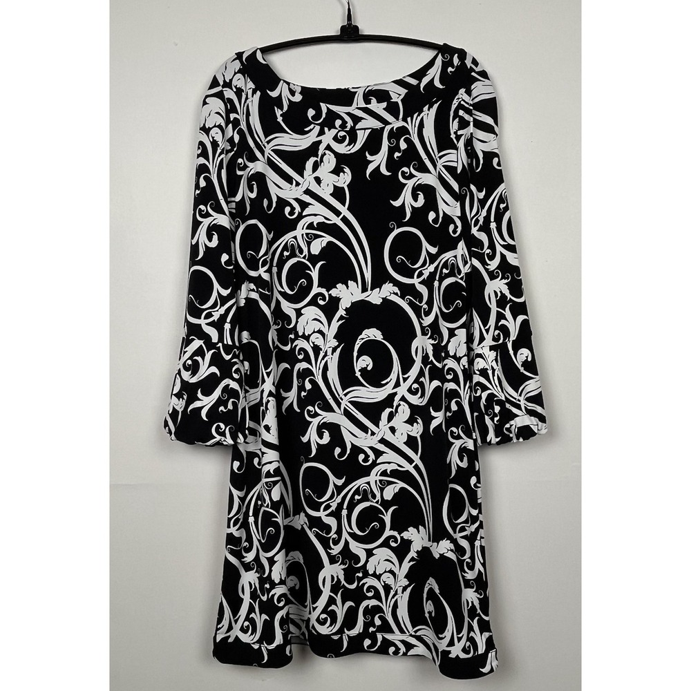 White House Black Market Shift Dress L Black White Baroque Corporate Chic